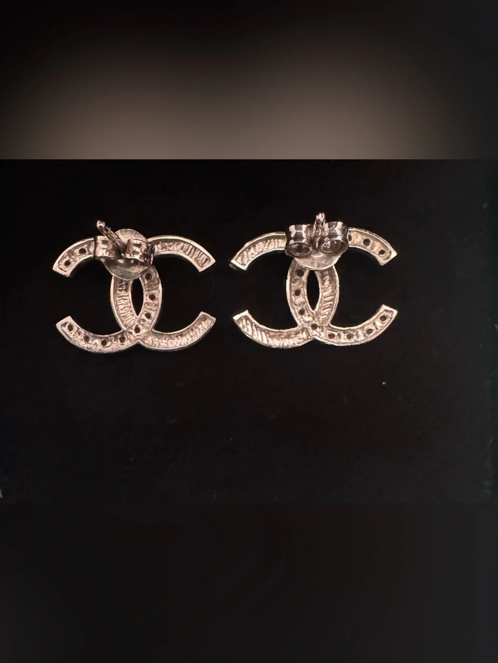 CHANEL Silver CC Crystal Logo Earrings